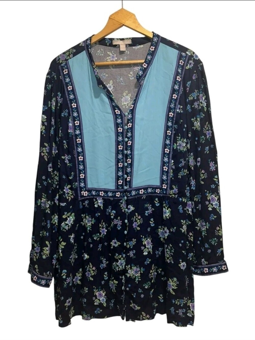 Woman Within Blue Floral Button-Front Cottagecore Tunic Top, Size 2X 26W/28W